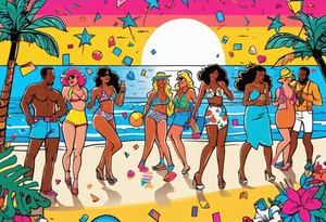 1980's miami vice style beach dance 
party, include confetti, music notes, boom box, bikinis sunset in the center tattoo idea