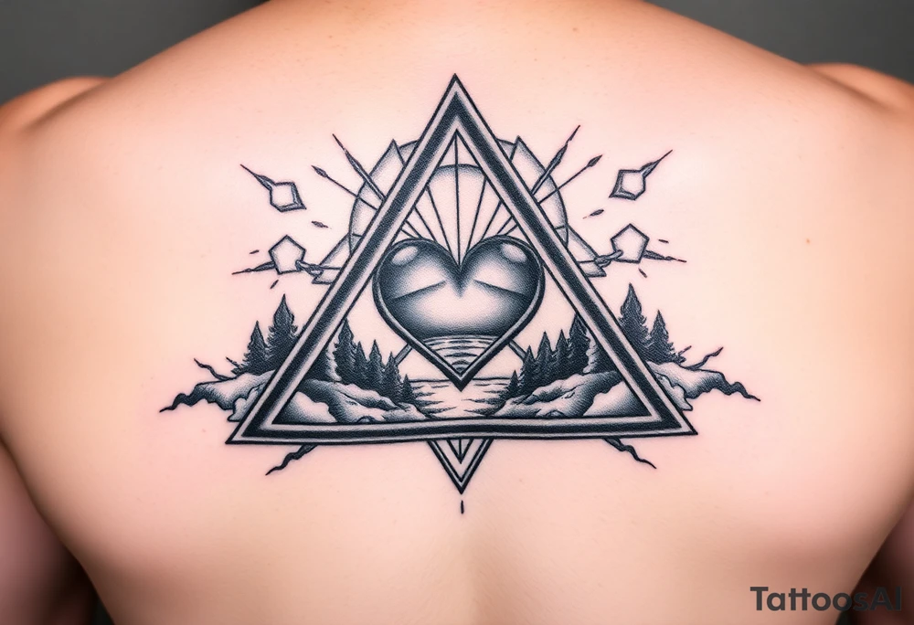 A triangle with a heart over the middle of the center and nature scene in background tattoo idea