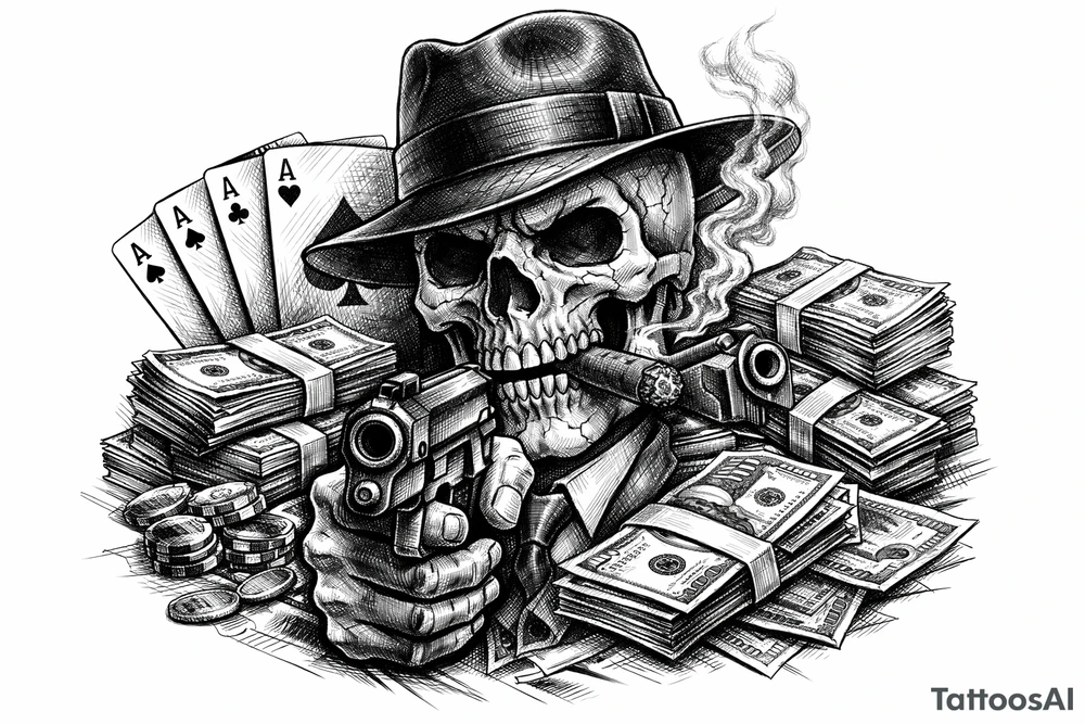 skull with gangster-hat,cigar in his mouth,a gun in a hand,playing cards,a lot of money. tattoo idea