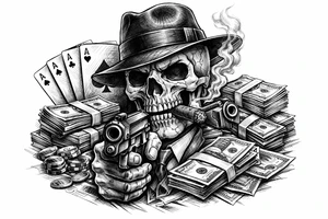 skull with gangster-hat,cigar in his mouth,a gun in a hand,playing cards,a lot of money. tattoo idea
