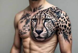 realistic cheetah covering the entire side chest tattoo idea