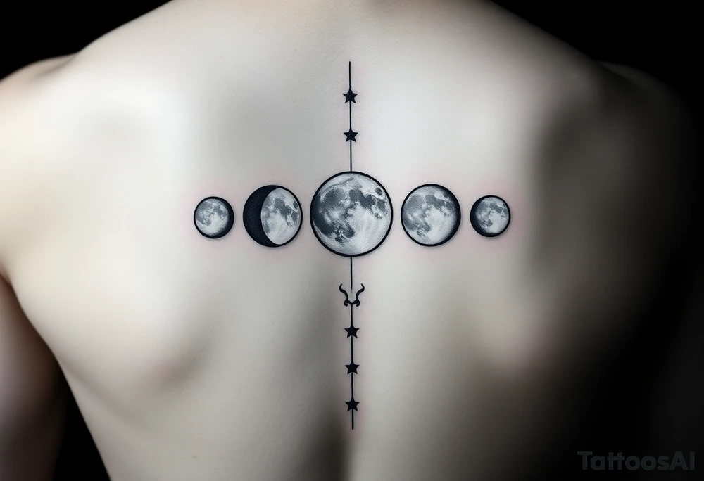 5 moon phases going vertical for a forearm in this order waxing crescent, third quarter phase, full moon, first quarter phase, third quarter phase with the Capricorn constellation without connecting lines just the stars behind it tattoo idea