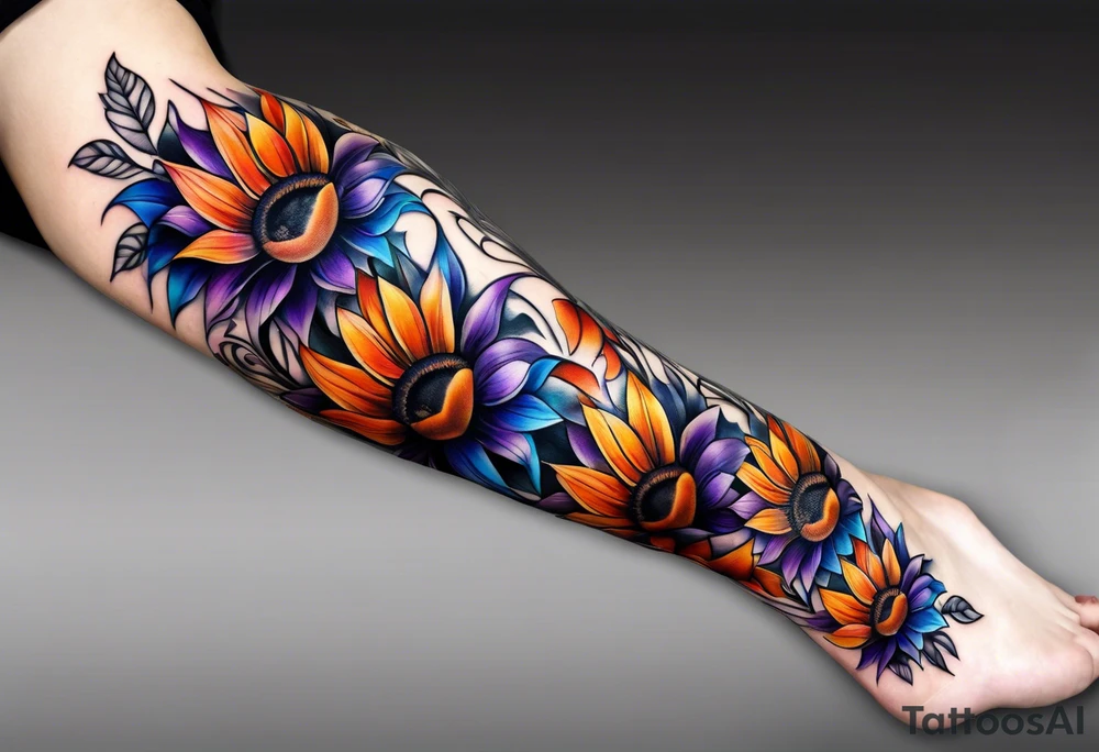 Full leg sleeve with purple, orange and blue sunflowers tattoo idea
