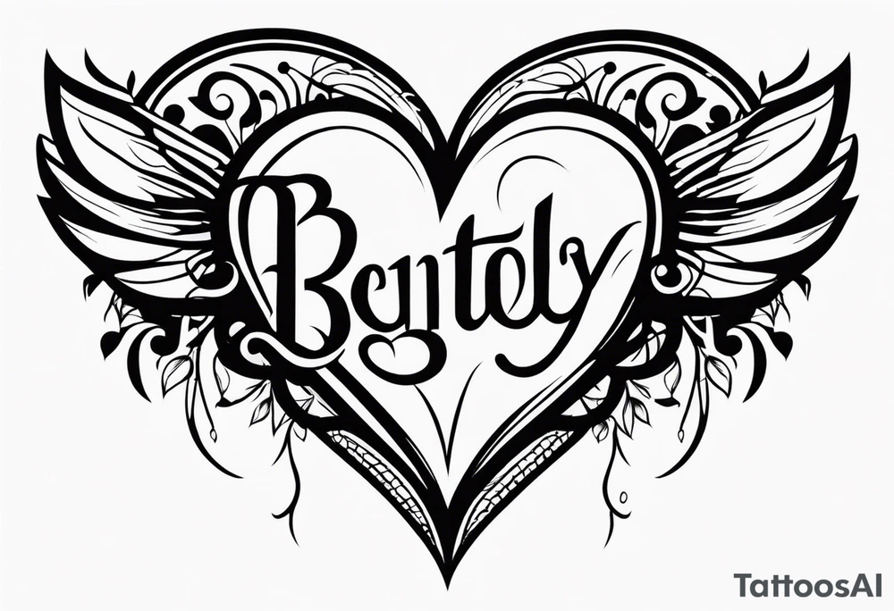 Name bentley in cursive inside a bleeding heart tattoo idea