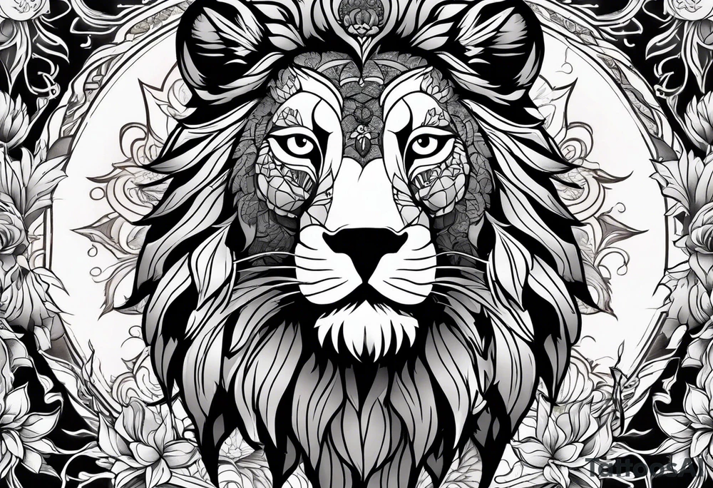 A lion, a Wolf and an owl in black, the background in color. tattoo idea