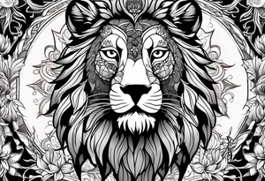 A lion, a Wolf and an owl in black, the background in color. tattoo idea