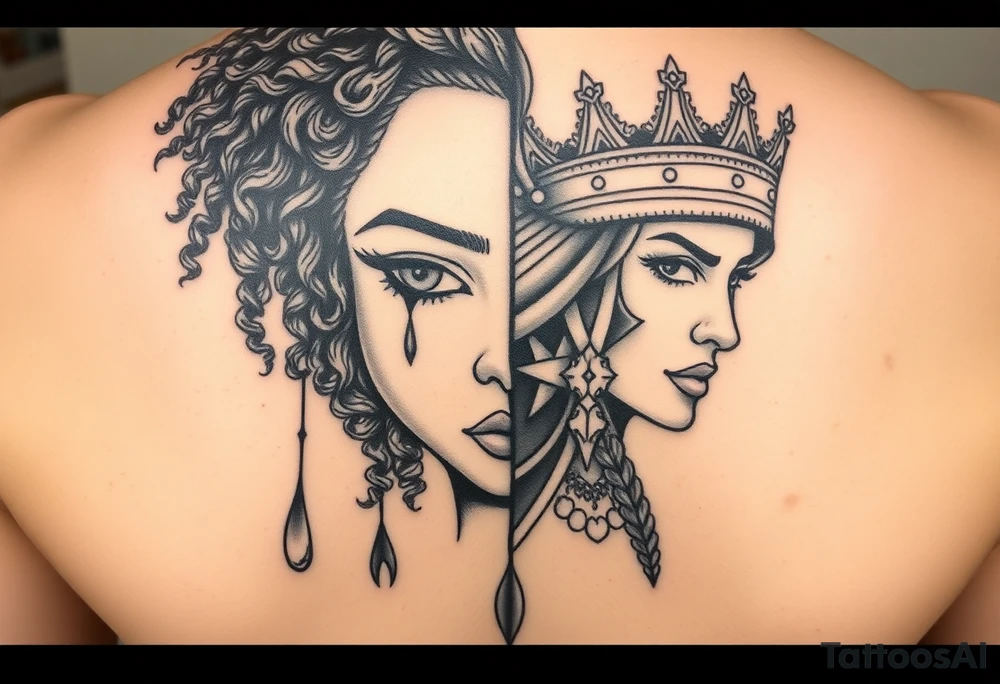 A beautiful woman with beautiful curly hair, and a teardrop falling from her eyes, African American- other 1/2 a beautiful warrior women with a crown and a smirk on her face. Embodying 1/2 faced one soft and gentle-one strong and mighty. Blend together onto 1 face tattoo idea