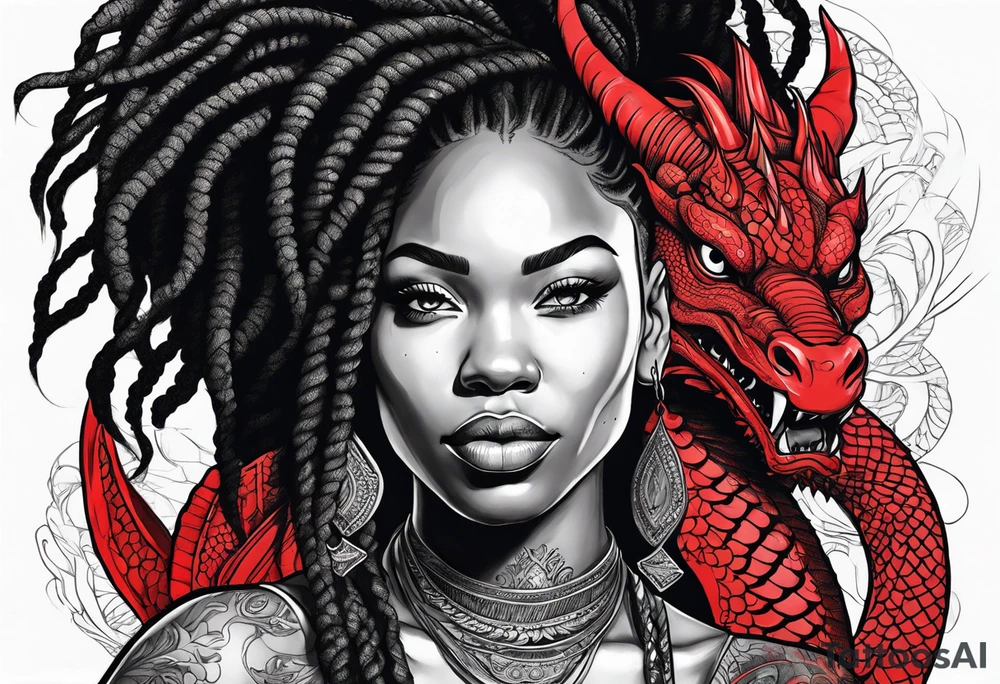 Black woman with locs and red dragon tattoo idea