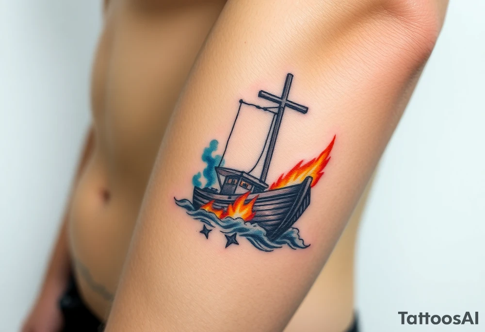 Boat on fire with cross as mast. Watercolour tattoo idea