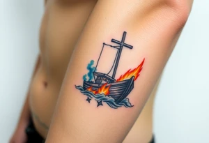 Boat on fire with cross as mast. Watercolour tattoo idea