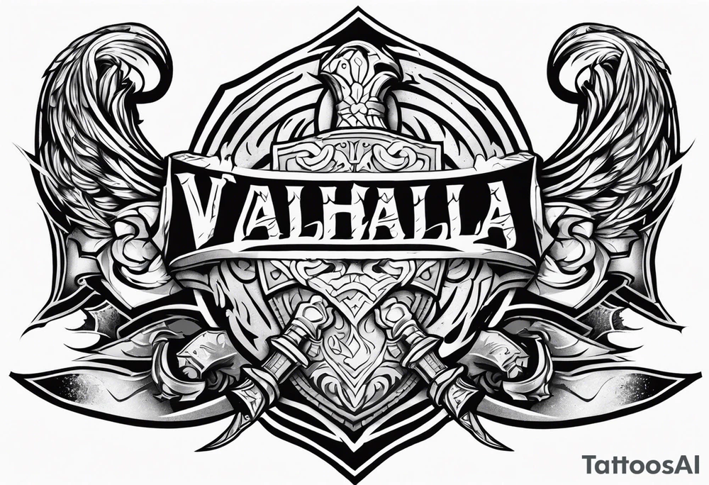 valhalla on fire sword shield axe warrior tattoo idea