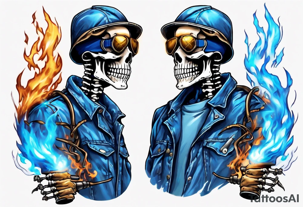 A skeleton welding with blue fire behind, with a welding mask tattoo idea