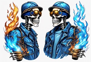 A skeleton welding with blue fire behind, with a welding mask tattoo idea