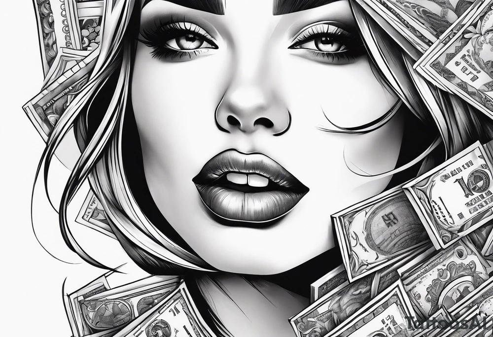 Girl mouth lips teeth and money tattoo idea