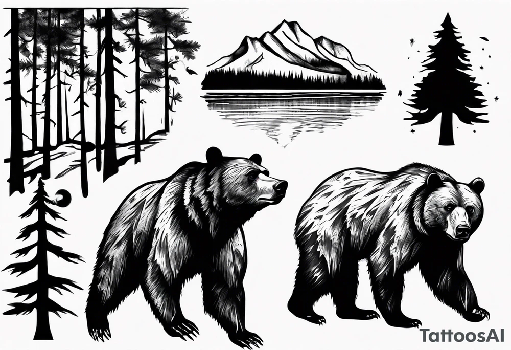 bear, forest, lake, appalachia, arm sleeve tattoo tattoo idea