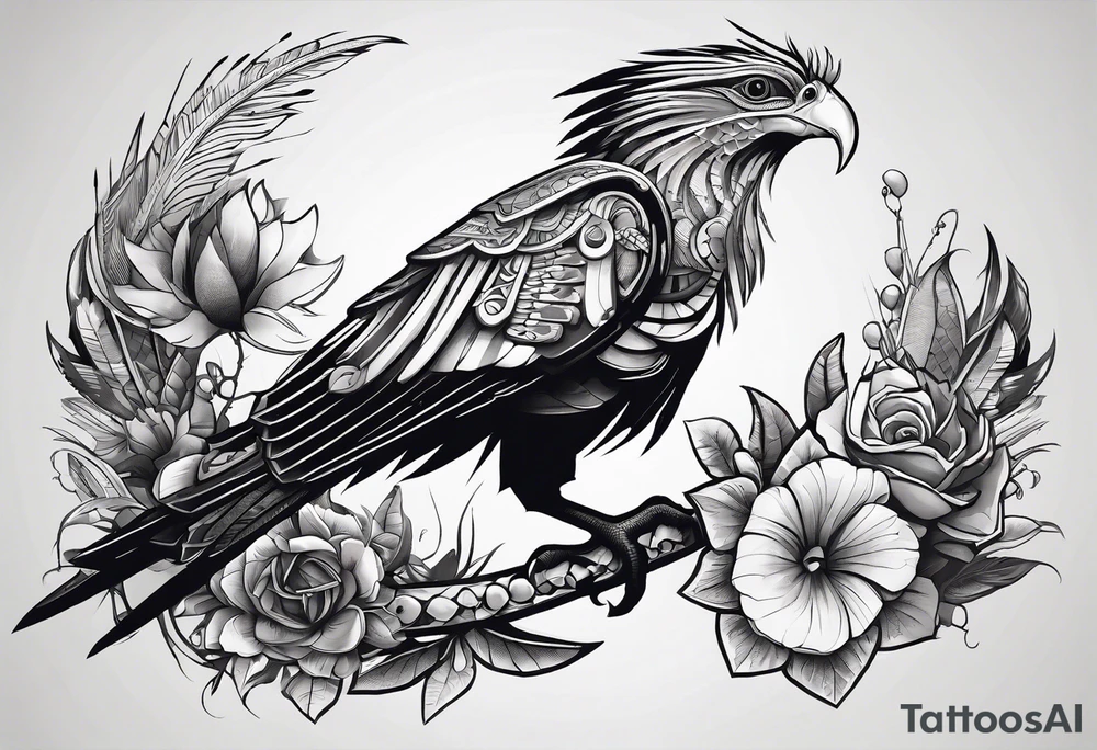 cyberpunk Aztec Quetzal bird/dinosaur that is narrow and has neurons coming from the bottom. tattoo idea
