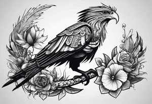 cyberpunk Aztec Quetzal bird/dinosaur that is narrow and has neurons coming from the bottom. tattoo idea