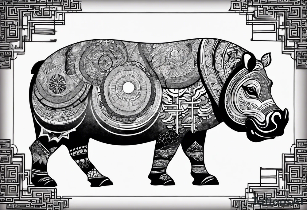 Asymmetrical, geometric, chinese ink art touch, hippo , full moon, tribal, size 9:16 tattoo idea