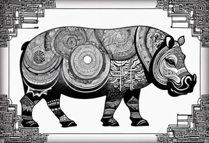 Asymmetrical, geometric, chinese ink art touch, hippo , full moon, tribal, size 9:16 tattoo idea