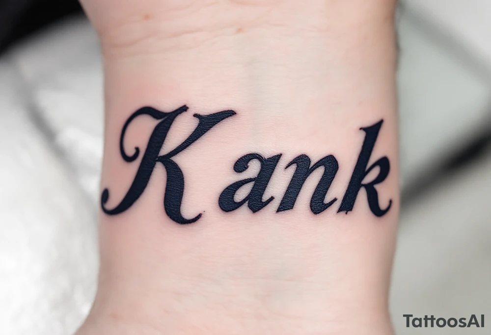 Cursive K in inky navy blue, with feathered quill strokes and an old-school pen-and-ink vibe. tattoo idea