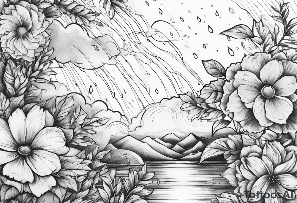 Lightning rain into flowers tattoo idea