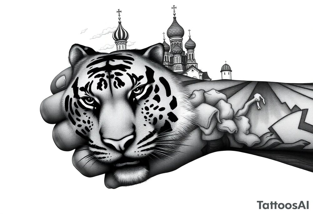 Realistic relic style tiger face on the back of the hand with strong contrast and fine detail with its eyes completely black. with a highly detailed Russian Orthodox cathedral sitting above on fore arm with onion domes and orthodox crosses, done in fine line, engraving-like style. Cohesive composition, black ink only, no color, high contrast, slightly aged, documentary-style, plain light background. with clouds above and a virgin mary 
spanning from my hand to lower fore arm tattoo idea