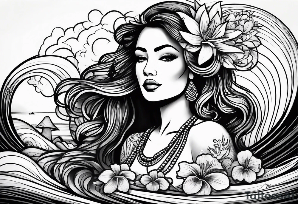 Hula girl inside of a wave tattoo idea