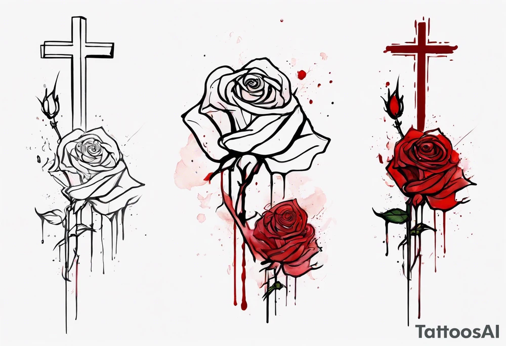 rose flower, one line, red blood dripping from the flower, tall, watercolor, with a cross in it tattoo idea