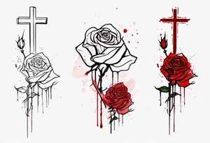 rose flower, one line, red blood dripping from the flower, tall, watercolor, with a cross in it tattoo idea