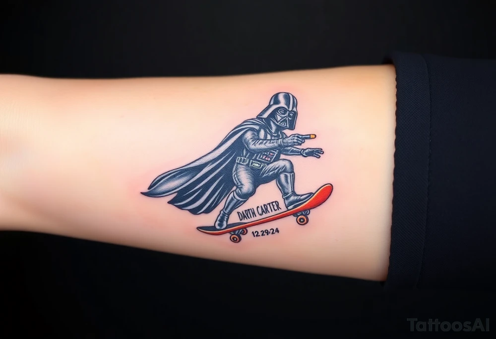 Darth Vader skateboarding holding 9mm beretta > bullets > memorial > god > colors > futuristic 
add name "Darth Carter" on skateboard
add date in loving memory 12/29/88-01/06/24 tattoo idea