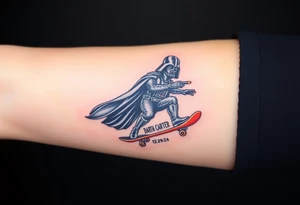 Darth Vader skateboarding holding 9mm beretta > bullets > memorial > god > colors > futuristic 
add name "Darth Carter" on skateboard
add date in loving memory 12/29/88-01/06/24 tattoo idea