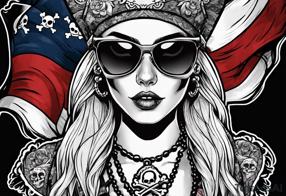 pirate flag with a female skull wearing glasses with two blonde buns and crossbones underneath, no hat tattoo idea
