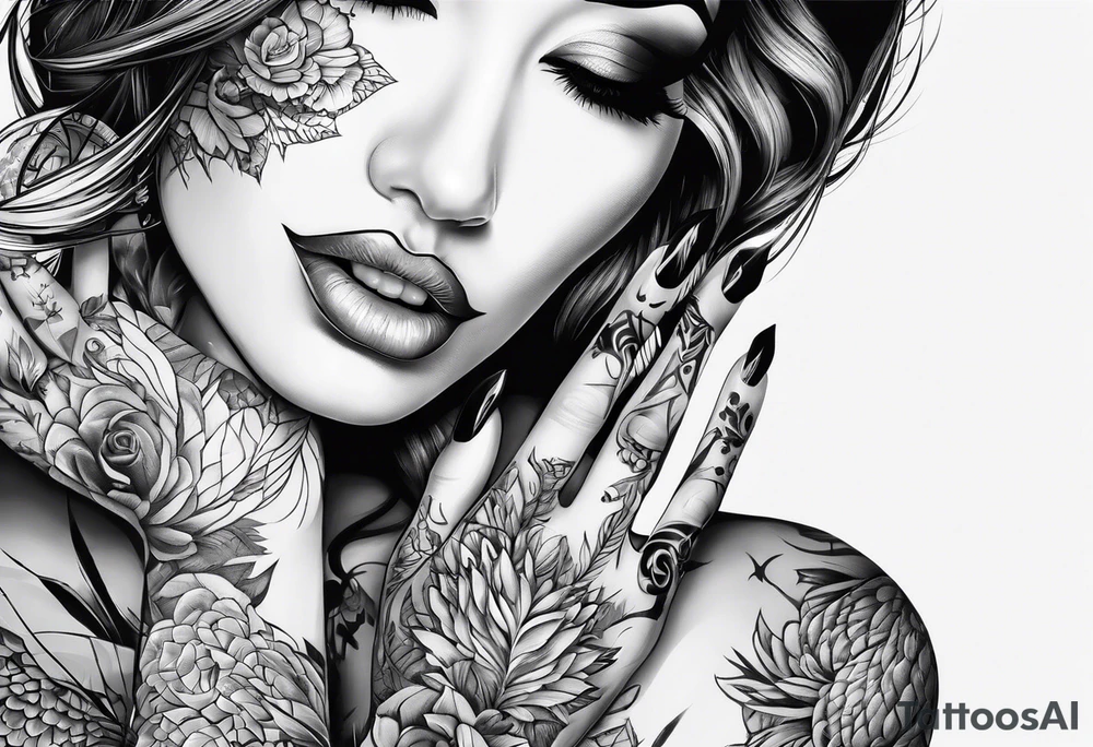 Women’s fingers with nails are on the half of her face tattoo idea
