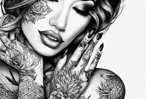 Women’s fingers with nails are on the half of her face tattoo idea