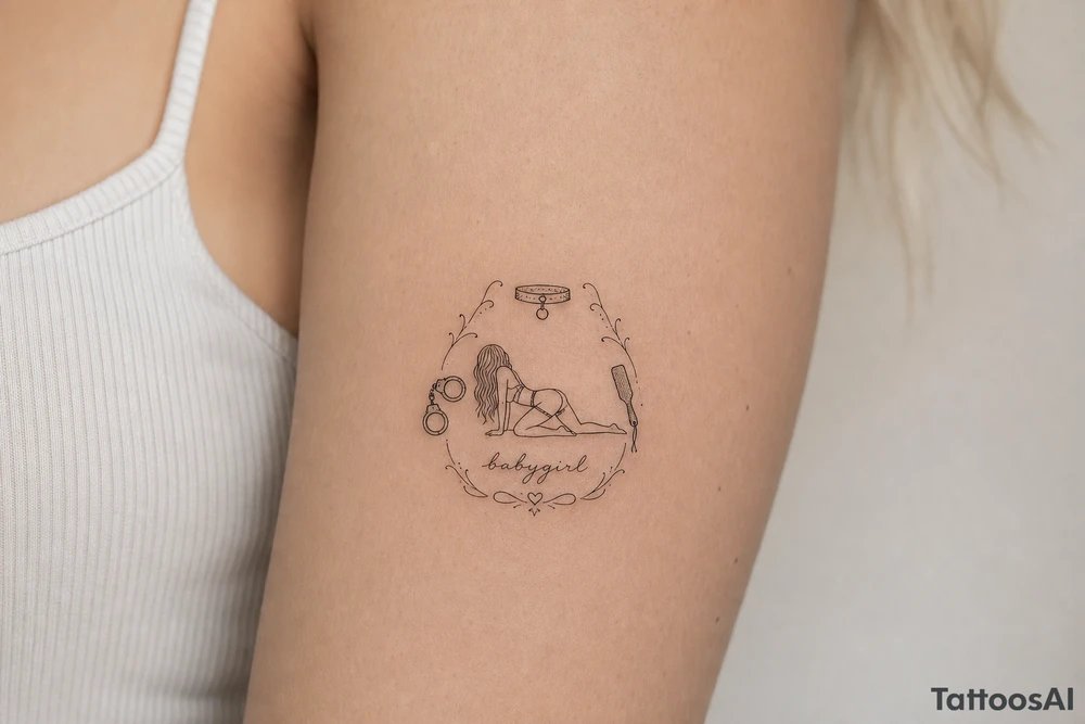 A tattoo for a submissive named babygirl, with a wrist cuffs, a collar, a paddle, and a minimalist line art female form that is kneeling and prone. tattoo idea