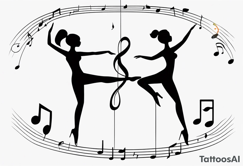 Music quarter notes connecting two dancing stick figures, symbolizing love of two daughters tattoo idea