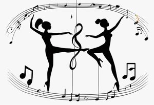 Music quarter notes connecting two dancing stick figures, symbolizing love of two daughters tattoo idea