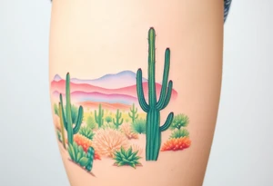 A scenic view of cactuses in the desert landscape of Arizona on a sunny day tattoo idea