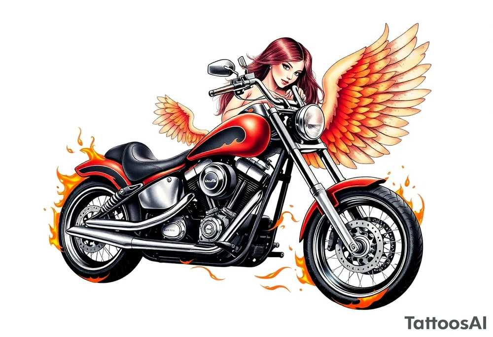 Low rider motorcycle, flames, angel wings tattoo idea