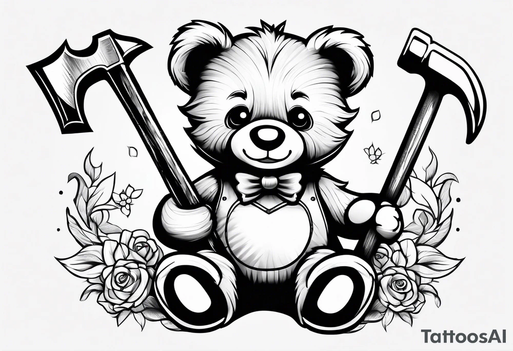 cute teddy bear with hammer tattoo idea