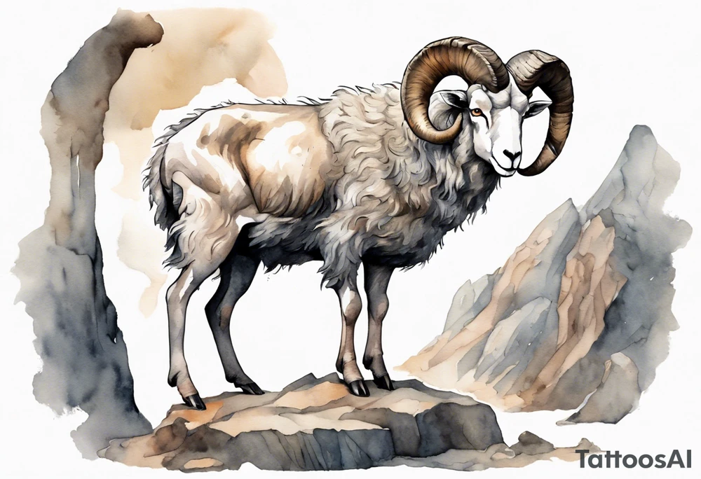 a solitary big-horned sheep with the arms and legs of a broad-shouldered man, wearing a grey tunic standing before a cave with cloven hooves for feet tattoo idea
