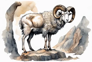 a solitary big-horned sheep with the arms and legs of a broad-shouldered man, wearing a grey tunic standing before a cave with cloven hooves for feet tattoo idea