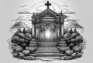 Tomb with cross and sun in the background tattoo idea