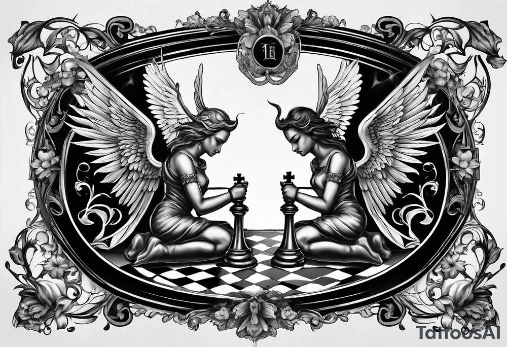 Depict an intricately balanced chessboard, where the angel and demon carefully consider their moves, symbolizing the delicate equilibrium between opposing forces. tattoo idea