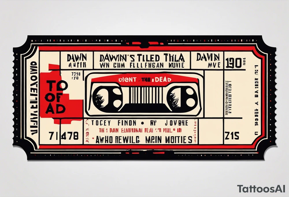 A retro 1970s movie ticket that fine line. I want it to incorpate the movies dawn of the dead 1978, hellraiser, and similar horror movie elements from the 70s and 80s tattoo idea