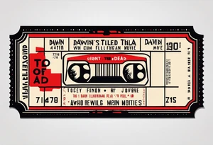 A retro 1970s movie ticket that fine line. I want it to incorpate the movies dawn of the dead 1978, hellraiser, and similar horror movie elements from the 70s and 80s tattoo idea