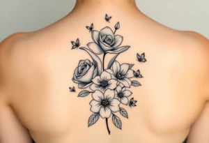 In a vertical line and individual water lily, rose, violet and narcissus. Surrounded by small delicate butterflies 

Not a bouquet tattoo idea