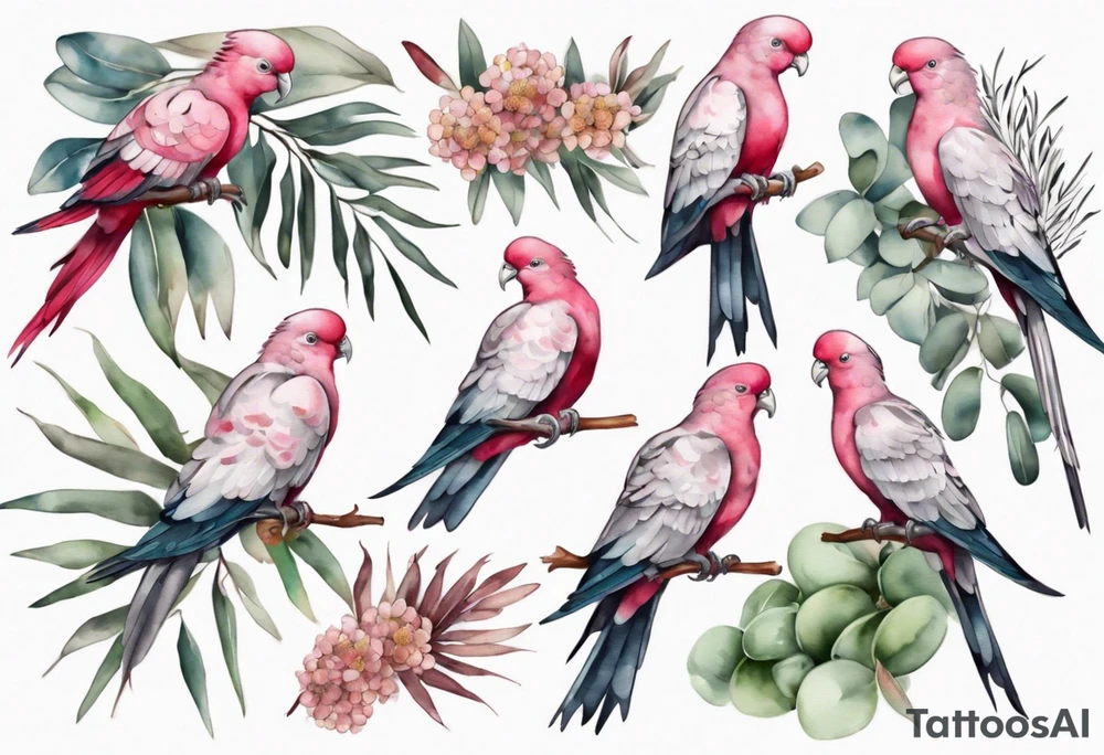 Galahs sitting on wattle and eucalyptus leaves tattoo idea