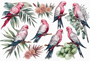 Galahs sitting on wattle and eucalyptus leaves tattoo idea