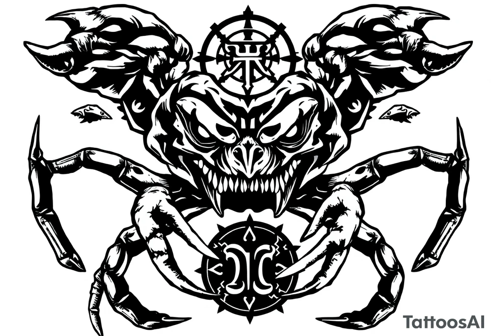 An angry crab with an angry unnatural face its claws scary with a zodiac symbol prominent tattoo idea